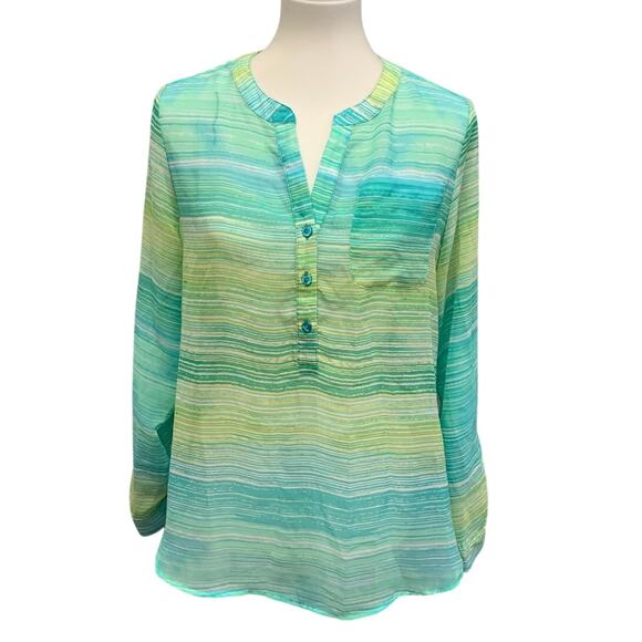 Christopher & Banks Womens Small Sheer Long Sleeve Half Button Striped Blouse - Picture 1 of 6